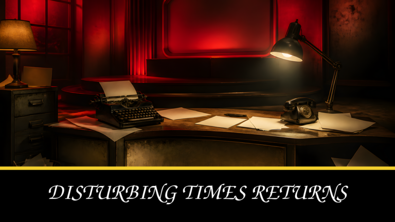 A fictional tabloid newsroom scene for the return of Disturbing Times.