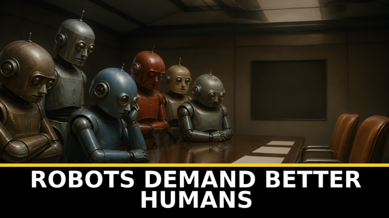Fictional robots in a conference room judging humanity.