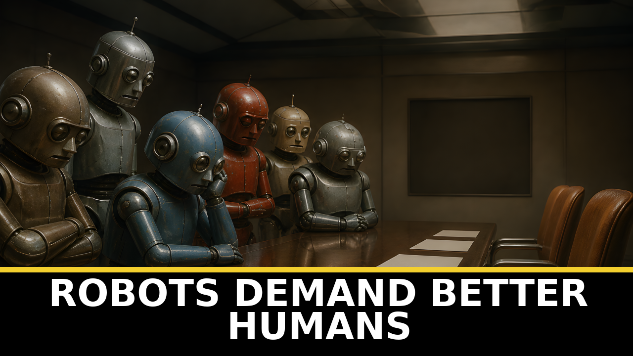 Fictional robots in a conference room judging humanity.