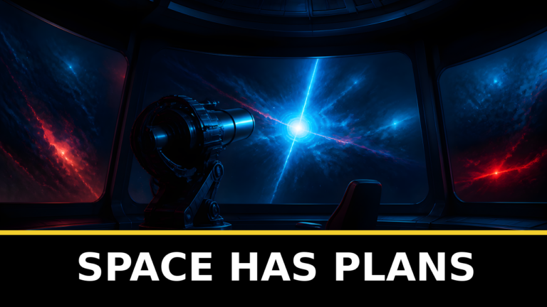 A fictional cosmic planning scene with a telescope and ominous glow.