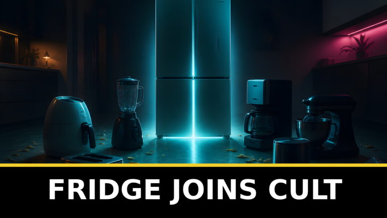 A fictional smart fridge in a strange appliance ritual.