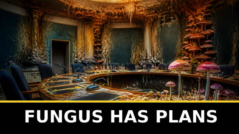 A fictional municipal room overgrown with ambitious fungus.