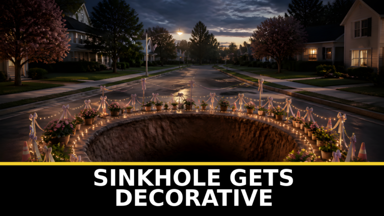 A fictional decorated sinkhole on a suburban street.