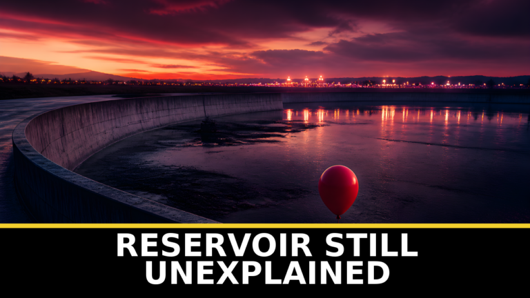 A fictional eerie reservoir scene with a lone balloon.