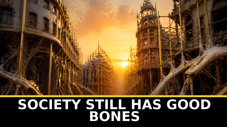 A fictional city scene suggesting society is broken but structurally salvageable.